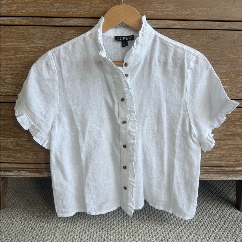 J. Crew White Ruffle Button-Down Shirt Size XS